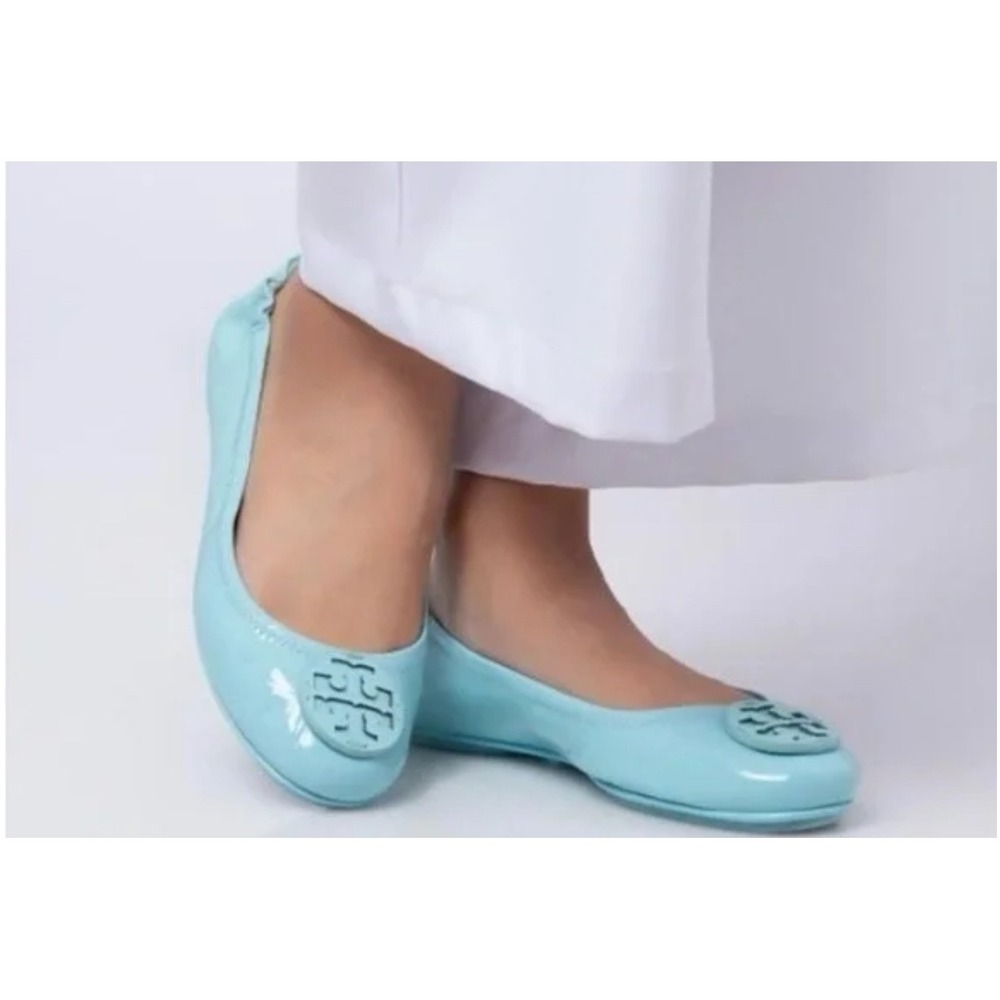Tory Burch Minnie Travel Ballet Flats Women 11M Light Blue Excellent Patent Logo